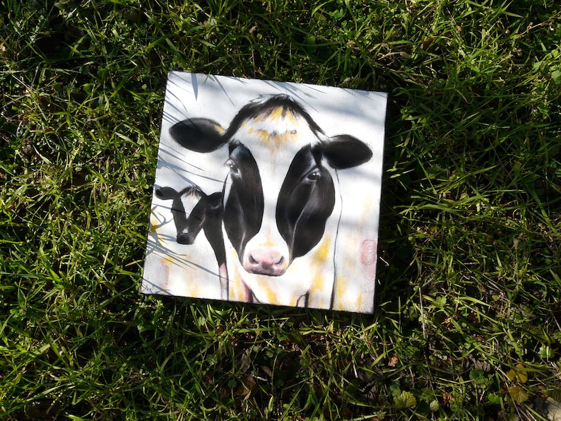 Painting black and white cow 40 x 40 cm