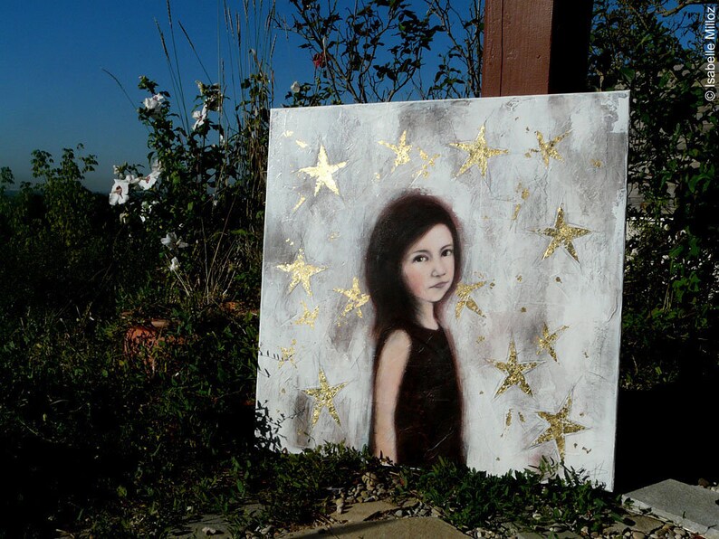 Peinture petite fille entourée d'étoiles les étoiles entre elle image 9