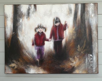 Peinture "Petite sœur" deux petites filles se promenant main dans la main dans les bois  60x80 cm