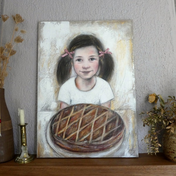 Peinture "J'aime la galette" galette des rois petite fille avec des couettes Epiphanie enfance patisserie couronne des rois