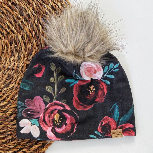 Watercolor Black Floral Knit Pom Hat//Fur Pom Knit Hat// Baby Fur Pom Hat // Newborn photo prop //Winter Pom Hat