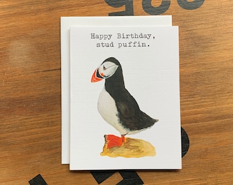 Puffin Birthday Card, Bird Lover Pun, Watercolor Illustration