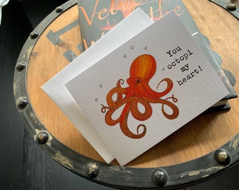Octopus Card, Loving Note Card, Ocean Note Card, Valentine's Day, Love Card, Appreciation, Affection Card, Occupy my Heart, Octopus Pun