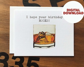 Whiskey Birthday Card, Rocks Pun, Watercolor (Digital Download)