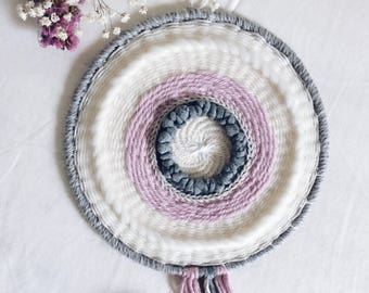 Peony love /pink&grey round wall hanging/woven wall hanging/textile weaving/wall art tapestry