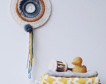 Sunny sky round wall hanging with pompom/woven wall hanging/textile weaving/wall art tapestry