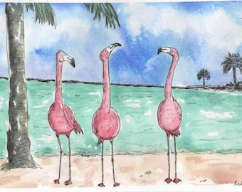 Flamingo Beach Watercolor Print, Colorful Tropical Wall Art