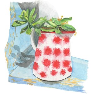 May include: A red and white polka dot pitcher with a green succulent plant growing inside. The pitcher is sitting on a blue and gold painted surface.