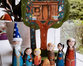 Hand Painted Magic Treehouse Peg Dolls, Heirloom Toy