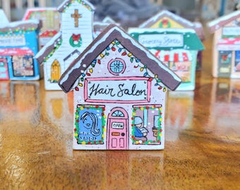 Hand painted mini Christmas village Hair Salon