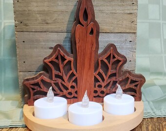 Scrollsaw cut Christmas tea light holder with Church design
