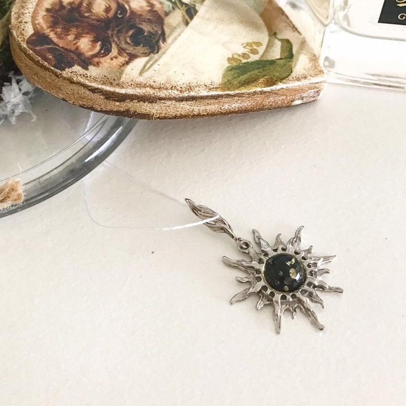 Gold or silver sun pendant with natural Baltic amber mid century fashion jewelry gift bridal jewelry art deco pendant festival look