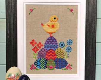 Sweet Peep - Spring Easter Chick and Rainbow Eggs - Cross Stitch Pattern - Instant Download - PDF - Modern Cross Stitch