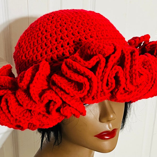 Crochet Ruffle Hat In Bold Red made by doycreations7 Jeanette