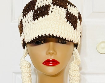 Crochet Checker Hat With A Brim With Matching Earrings  Handmade by doycreations7 Jeanette