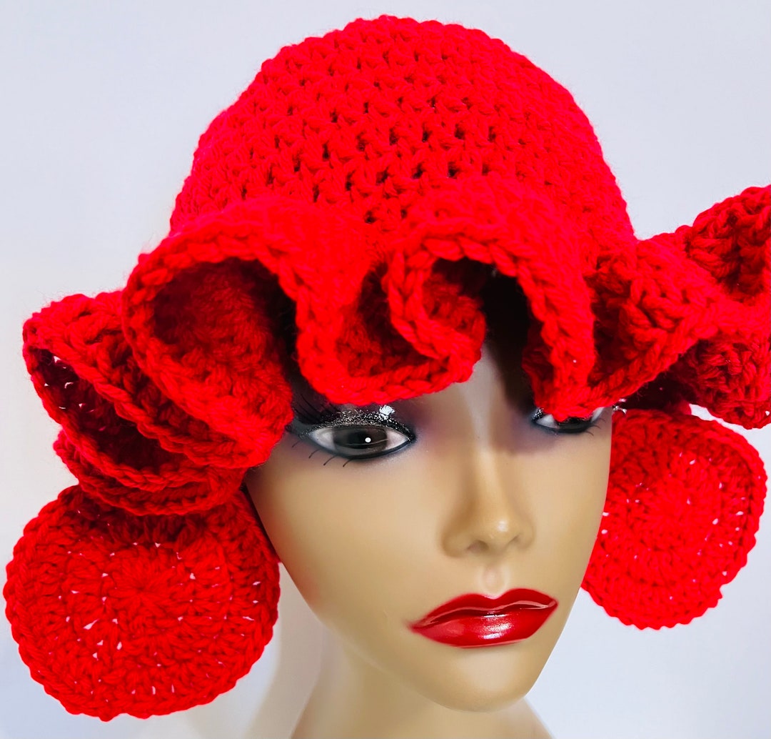 Bold Red Crochet Ruffle Hat With Free Earrings Handmade by ...