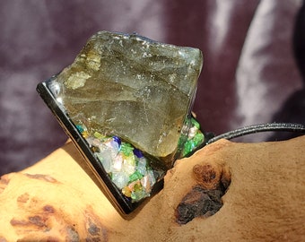 Labradorite Crystal, Gemstone Necklace, Bohemian Pendant, Whimsical Jewelry, Resin Pendant, Necklace, Pendant, Statement Pendant