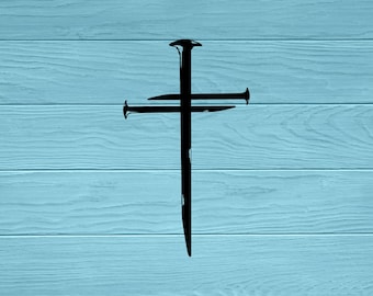May include: A black silhouette of a cross with three nails, on a light blue wood background.