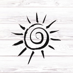 Peut inclure: Un soleil noir et blanc avec un motif en spirale au centre. Le soleil est dessiné dans un style simple et dessiné à la main.