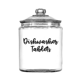May include: A clear glass jar with a lid, labeled "Dishwasher Tablets".