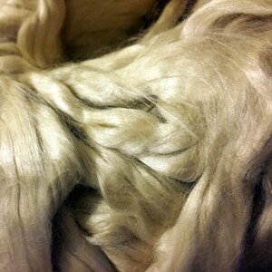 May include: A close-up of a bundle of raw, unspun, cream-colored silk fibers.