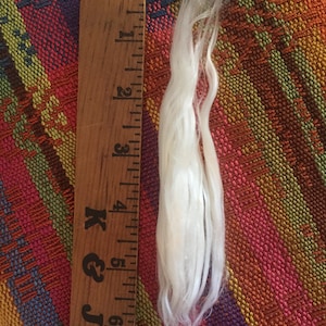 Pode incluir: Um close-up de uma amostra de fibra de algod&atilde;o branca medida contra uma r&eacute;gua de madeira marcada com polegadas. A r&eacute;gua &eacute; etiquetada como "PC J & K" e tem marcas at&eacute; 7 polegadas.