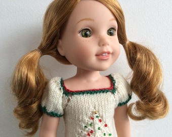 14" Doll Knitting Pattern fits American Girl Wellie Wisher Dolls, Doll Clothes Pattern Oh Christmas Tree Dress