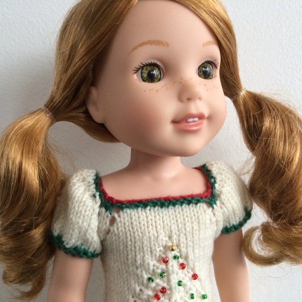 14" Doll Knitting Pattern fits American Girl Wellie Wisher Dolls, Doll Clothes Pattern Oh Christmas Tree Dress