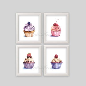 Watercolor Cupcakes set of 4 Printable ,Cupcake Print, Cupcake Wall Decor,Kitchen Art, sweets wall art, Food Illustration Instant Download
