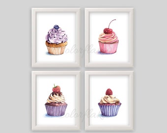 Watercolor Cupcakes set of 4 Printable ,Cupcake Print, Cupcake Wall Decor,Kitchen Art, sweets wall art, Food Illustration Instant Download