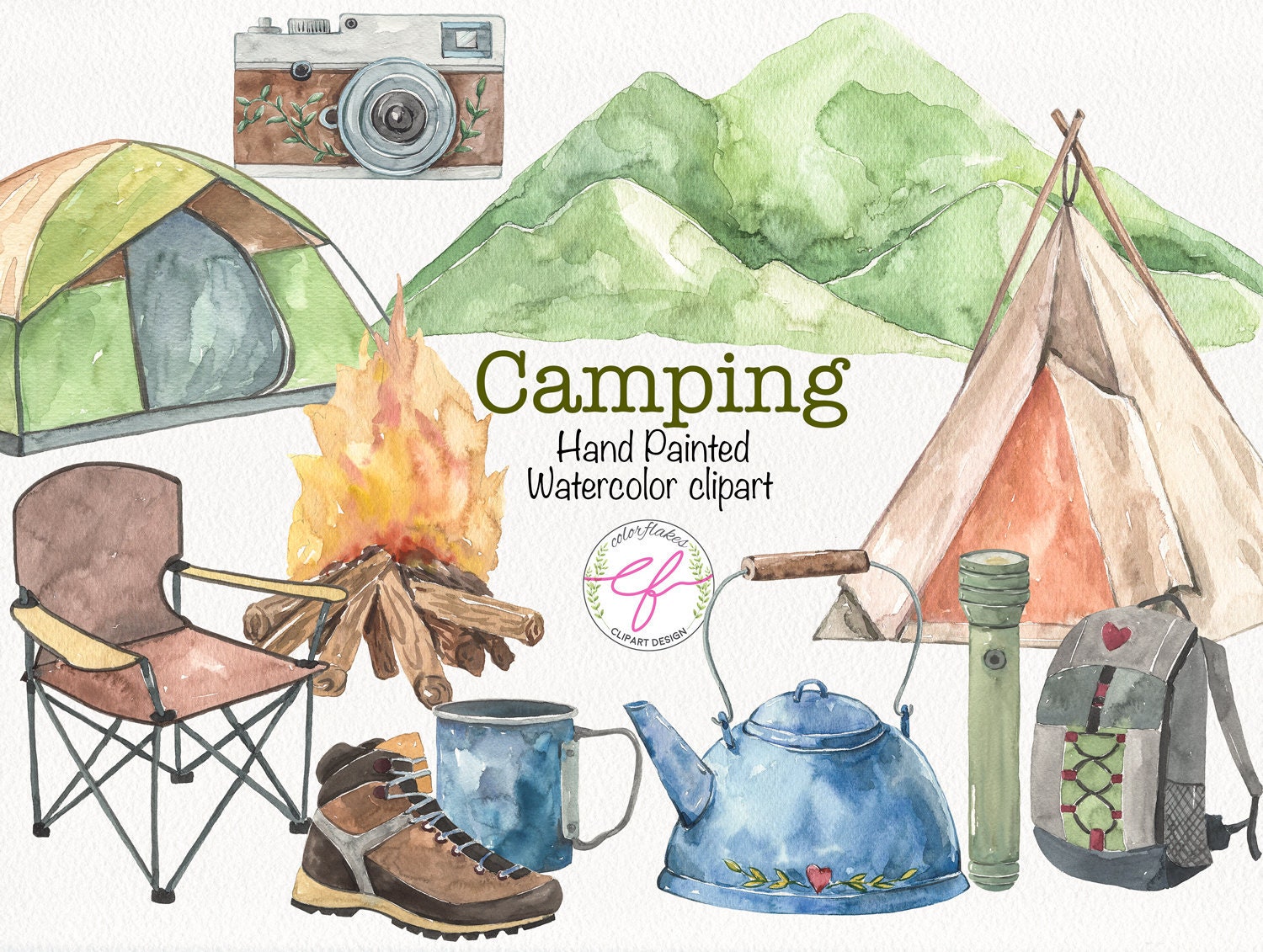 Camping Clipart Watercolor Clipart Outdoor Clipart Tent Etsy
