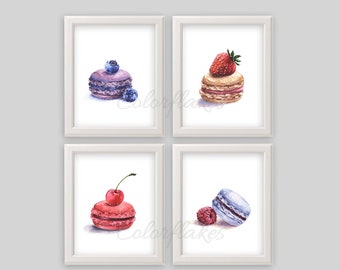 Watercolor Macron set of 4 Printable,Macron Print,Macron Wall Decor,Snack Art,Kitchen Art,sweets wall art,French Sweets Instant Download