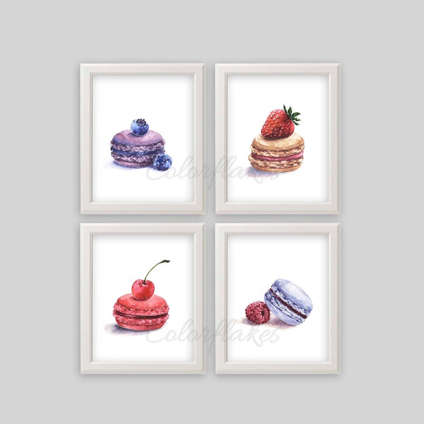 Aquarelle Macron lot de 4 imprimables, impression Macron, décoration murale Macron, Snack Art, Art de la cuisine, art mural de bonbons, téléchargement immédiat de bonbons Français