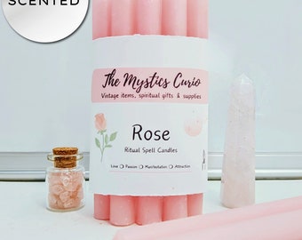 Rose Scented Set of 5 Pink Spell Ritual Candles, 5" Pink Chime Candles, Witch Candles, Pink Candles for Self Love, Attraction, Set of 5