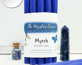 Myrrh Scented Set of 5 Blue Spell Ritual Candles, 5" Blue Chime Candles, Witch Candles, Blue Candles for Peace, Balance, Awareness, Set of 5