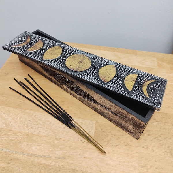 Moon Phases Gold Incense Holder Coffin Storage Box Silver and Black, Wood Incense Holder, Aromatherapy Zen Decor 12" Gift