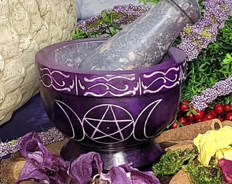 Purple Mortar and Pestle Set Triple Goddess Pentacle Moon Soapstone Mortar and Pestle Kitchen Witch Wiccan Altar Herbalogy Gift