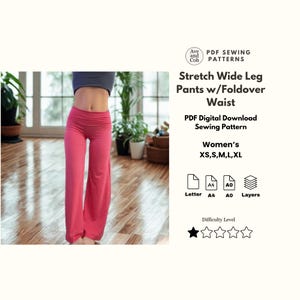 May include: A PDF digital download sewing pattern for stretch wide leg pants with a foldover waist. The text includes Ave and Coh PDF Sewing Patterns, Stretch Wide Leg Pants w/Foldover Waist, PDF Digital Download Sewing Pattern, XS, S, M, L, XL.