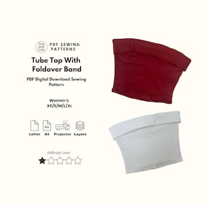 Pode incluir: Um padrão de costura digital para um top tubo com faixa dobrável. O padrão inclui tamanhos XS a XL e está disponível para download. A imagem mostra um top tubo vermelho e um branco. O nível de dificuldade é de duas estrelas em cinco.