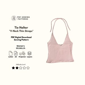 May include: A light pink tie halter top with a V-neck and thin straps. The image includes text that reads "Tie Halter *V-Neck Thin Straps*" and "PDF Digital Download Sewing Pattern". The pattern is available in sizes XS, S, M, L, and XL.