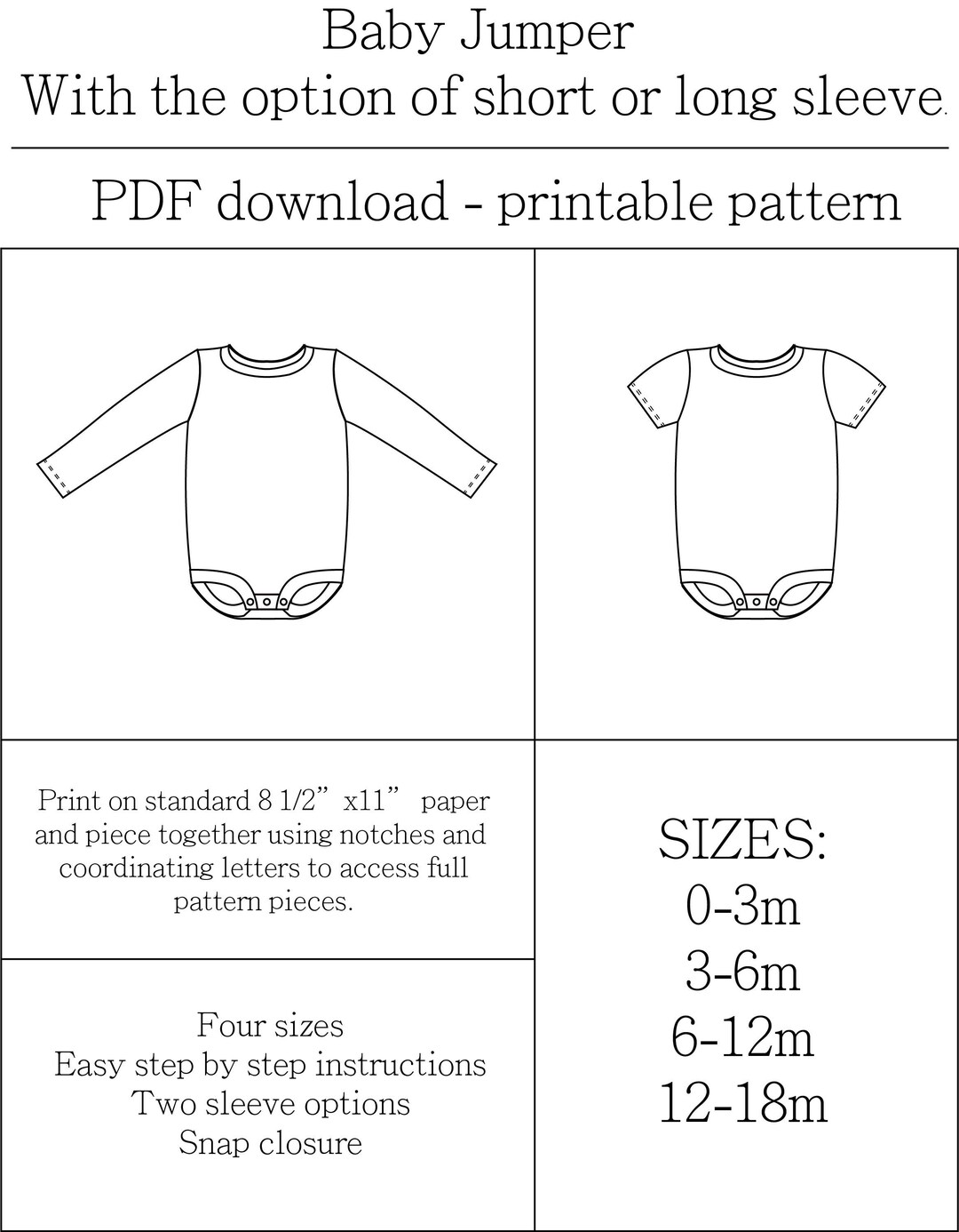 DIGITAL DOWNLOAD PDF Pattern Baby Jumper Bodysuit Pattern 4 Sizes
