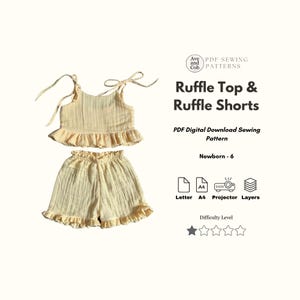 Two piece Ruffle Top and Flowy Shorts Sewing pattern with ties - PDF Digital Download Sewing Pattern - Newborn to six  muslin Cotton Linen