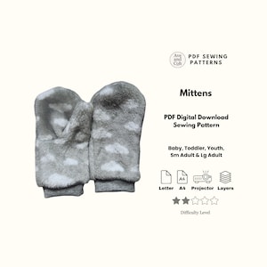 May include: A pair of grey mittens with a cloud pattern, suitable for babies, toddlers, youth, and adults. The image includes the text "Mittens" and "PDF Digital Download Sewing Pattern".