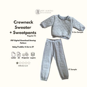 May include: A light gray crewneck sweater and sweatpants set for babies and toddlers. The sweater has a textured pattern and the sweatpants have a relaxed fit. The image also includes text that says "Crewneck Sweater + Sweatpants" and "PDF Digital Download Sewing Pattern".