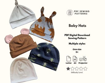 May include: A selection of baby hats in different colours and designs. The hats include a light beige ribbed hat, a grey hat with brown bear shapes, a brown hat with pink ears, a navy blue hat with green insect shapes, and a light beige hat. The image also includes the text "Baby Hats".