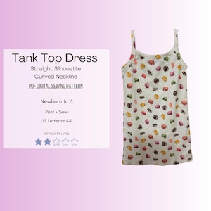 Puede incluir: Un vestido blanco de tirantes con escote curvo y estampado de macarons coloridos. El vestido es para recién nacidos hasta la talla 6. El texto "Tank Top Dress", "Straight Silhouette", "Curved Neckline", "PDF DIGITAL SEWING PATTERN", "Newborn to 6", "Print + Sew", "US Letter or A4" y "DIFFICULTY LEVEL" está impreso sobre un fondo blanco.