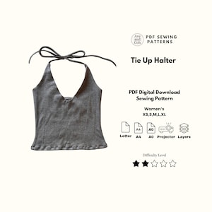 Puede incluir: Un top halter gris con lazo. La imagen incluye el texto "Ave and Coh PDF Sewing Patterns" y "Tie Up Halter". El patrón es una descarga digital en PDF para tallas de mujer XS, S, M, L y XL. El nivel de dificultad es de dos estrellas sobre cinco.