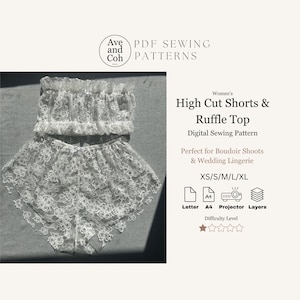 Lace Lingerie Set Sewing Pattern Ruffle Top Bandeau High Cut Shorts - Wedding Boudoir Photoshoot Womens