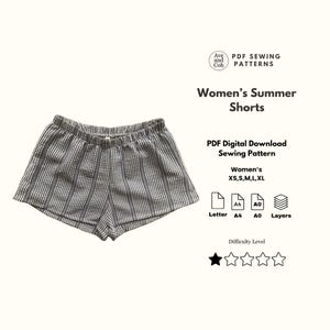 May include: A pair of black and white striped shorts with an elastic waistband. The text reads: Ave and Coh PDF SEWING PATTERNS, Women's Summer Shorts, PDF Digital Download Sewing Pattern, Women's XS,S,M,L,XL, Letter, A4, A0, Layers, Difficulty Level.