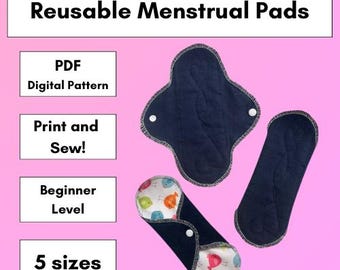 DIY Reusable Menstrual Pads Sewing Pattern - Digital Download PDF. 5 sizes.